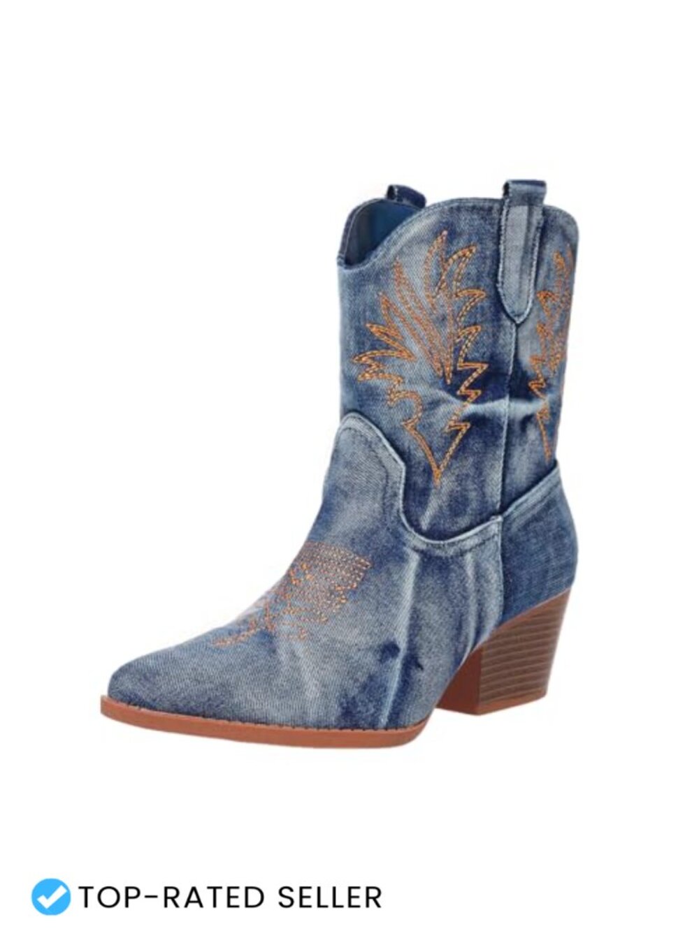 Women's Cowboy Ankle Booties - Pointed Toe, Embroidered, Block Heel Faux Suede
